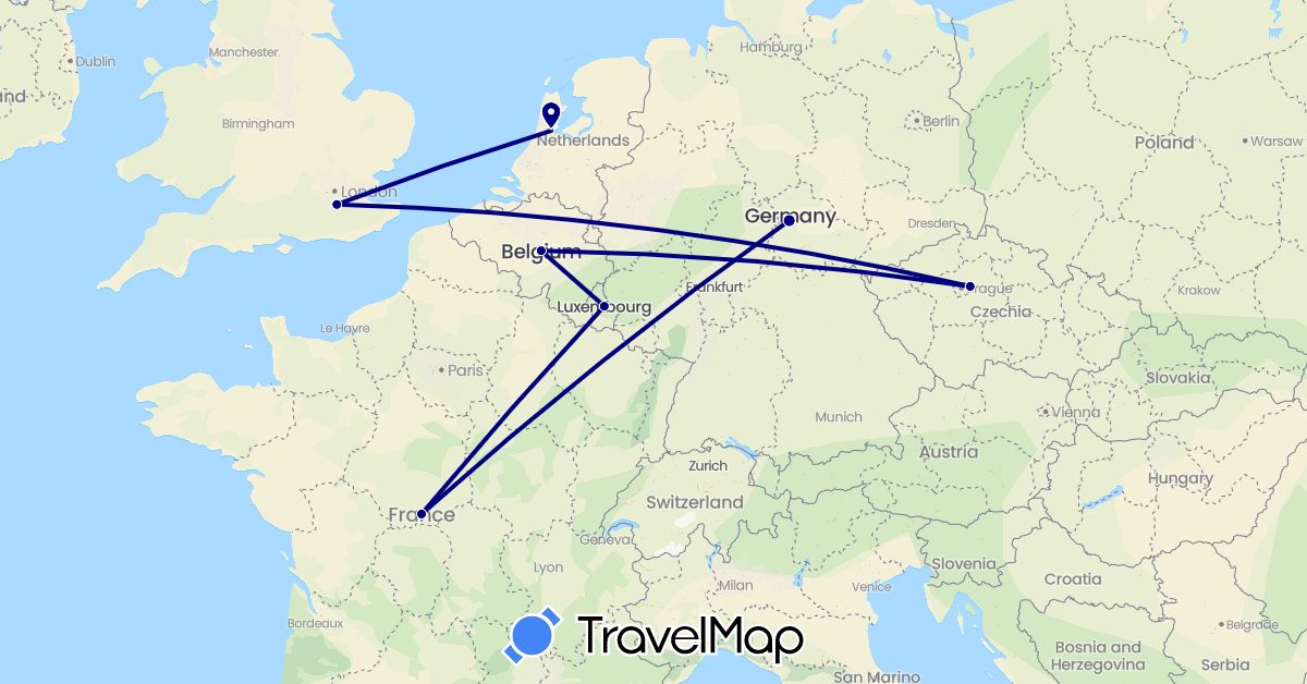 TravelMap itinerary: driving in Belgium, Czech Republic, Germany, France, United Kingdom, Luxembourg, Netherlands (Europe)